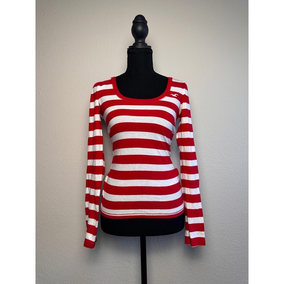 Hollister Tops - Hollister Womens XS Red White Striped Long Sleeve Scoop Neck Tee Seagull Logo